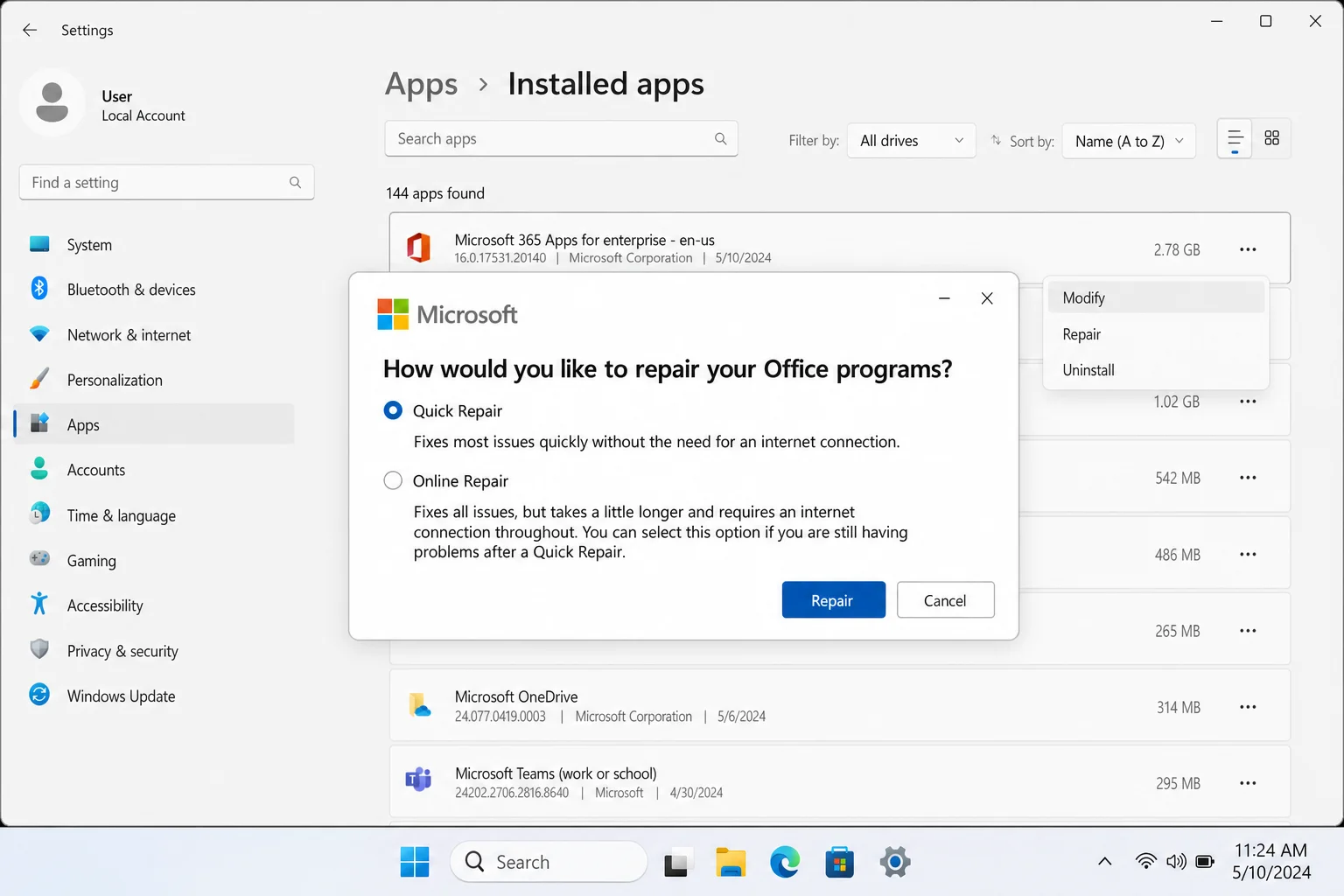 Windows 11 Settings > Apps > Installed apps with Microsoft 365 selected and the Modify dialog open showing Quick Repair and Online Repair options