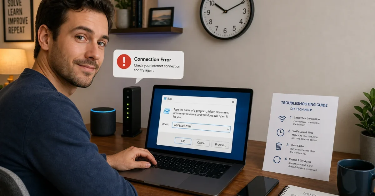 Person sitting at a desk with a laptop showing a 'Connection Error' message, a troubleshooting guide sheet nearby, and a plant on the shelf behind.