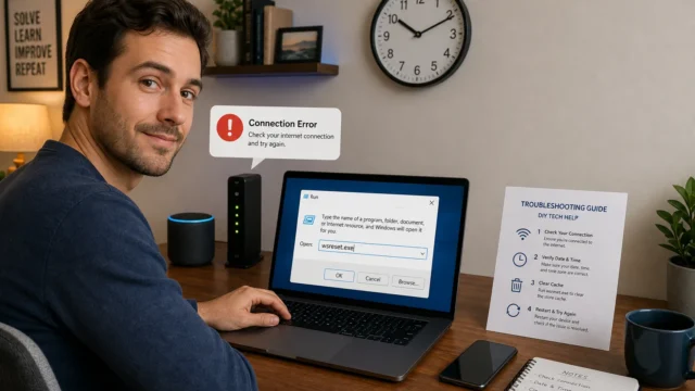 Person sitting at a desk with a laptop showing a 'Connection Error' message, a troubleshooting guide sheet nearby, and a plant on the shelf behind.