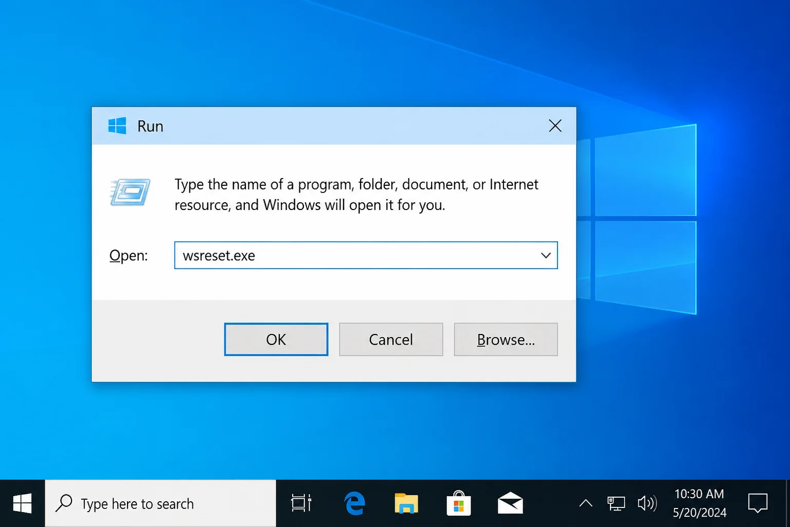 Run dialog with wsreset.exe typed in the Open field