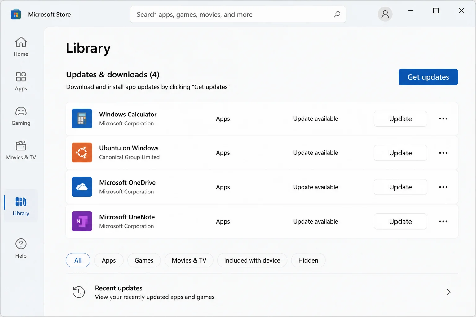 Microsoft Store Library page showing "Get updates" button and a list of pending app updates
