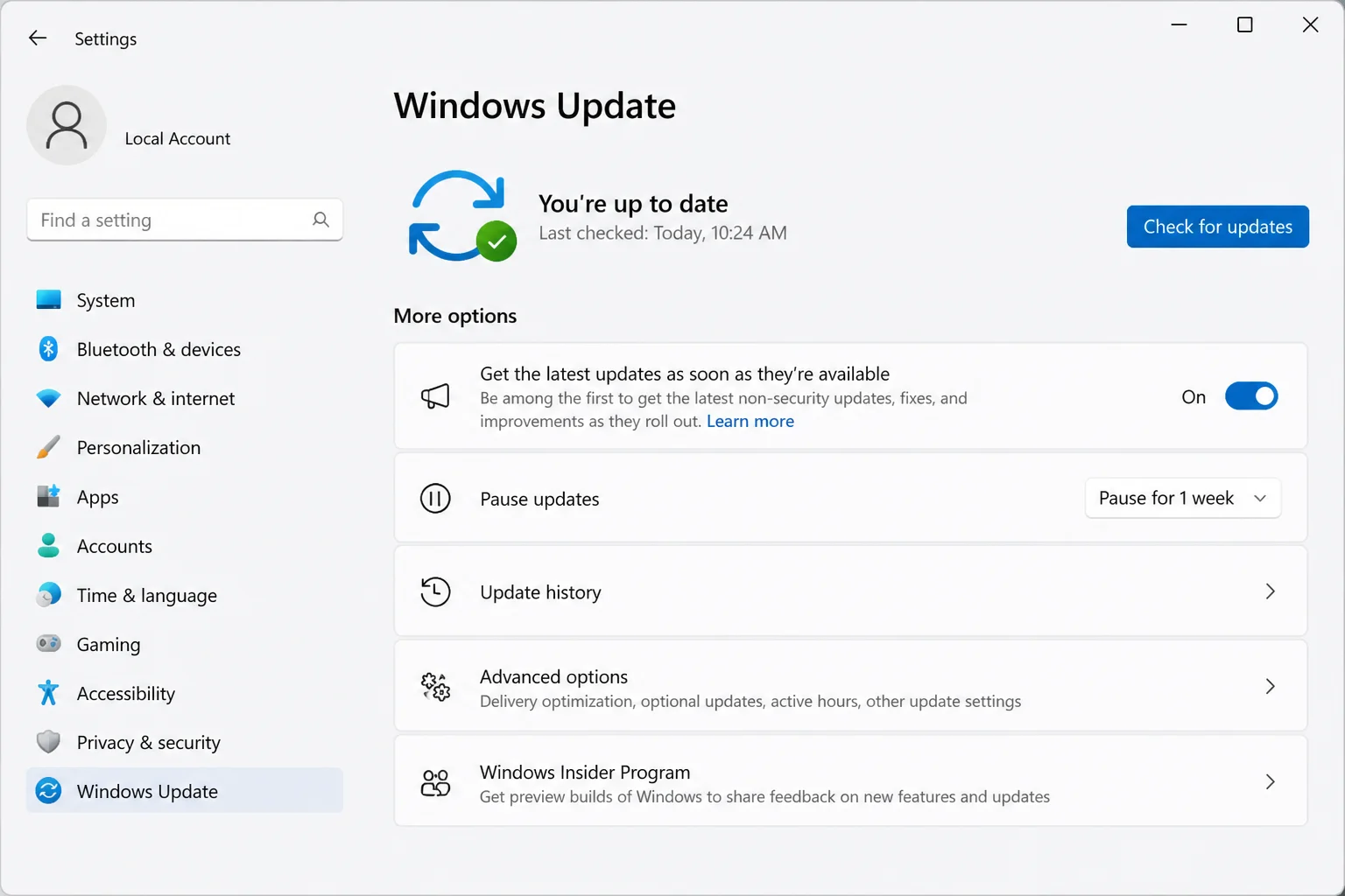 Windows 11 Settings > Windows Update page showing "Check for updates" button and available updates listed