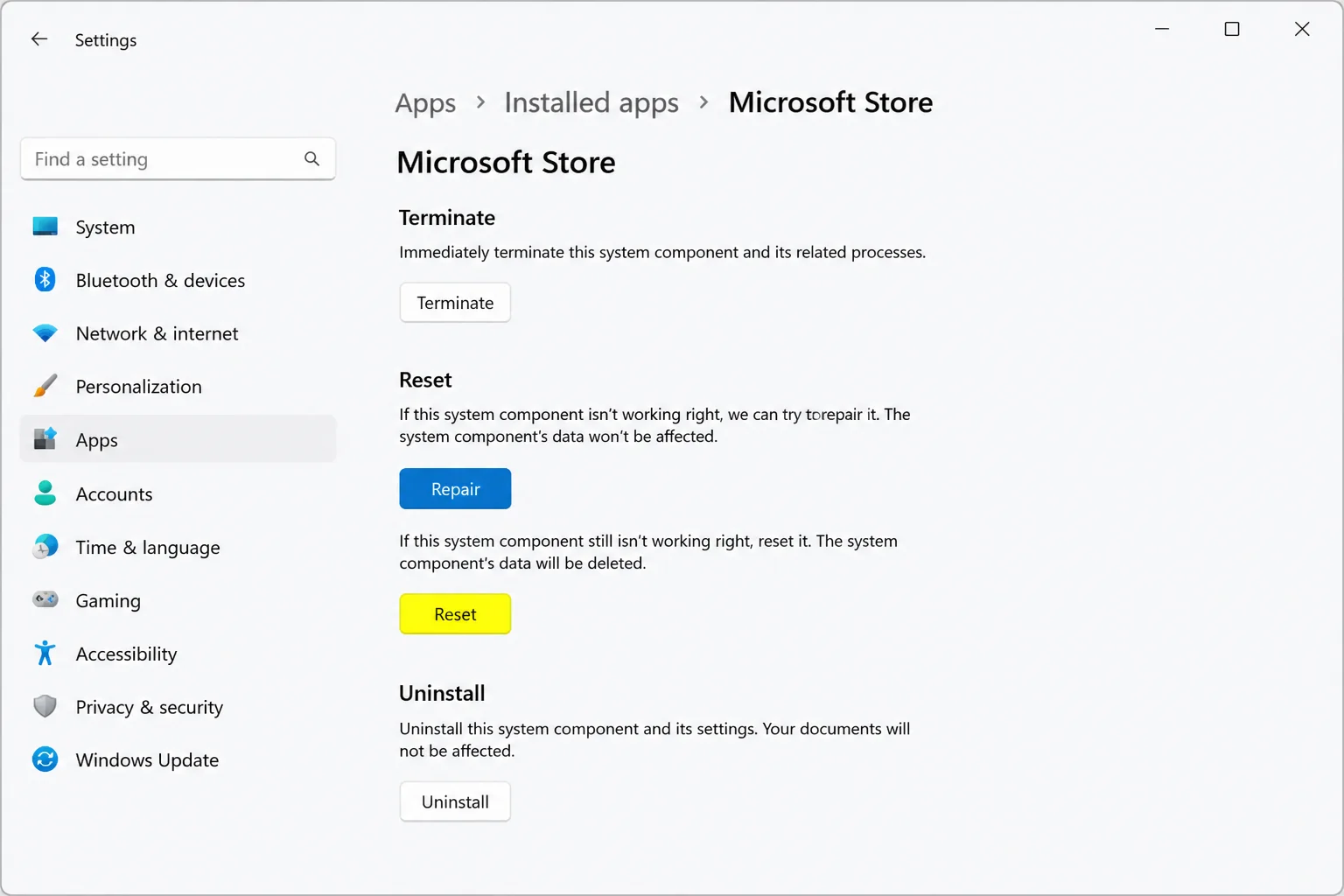 Windows 11 Settings > Apps > Installed apps > Microsoft Store Advanced options page with Repair and Reset buttons visible