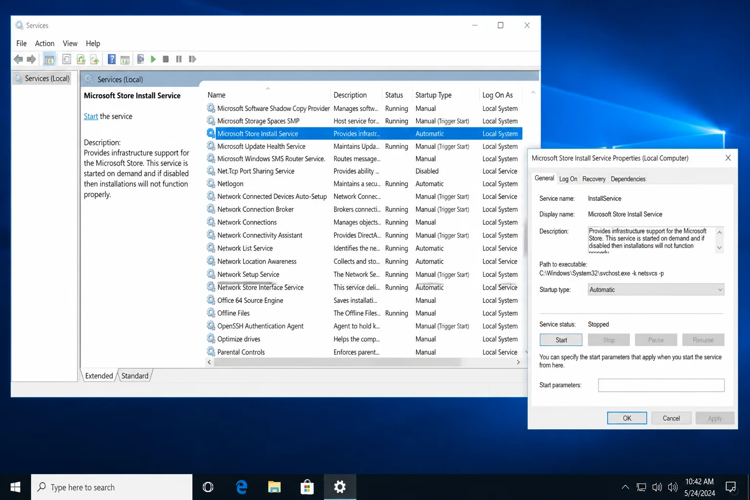 services.msc with Microsoft Store Install Service highlighted and Properties dialog open showing Startup type set to