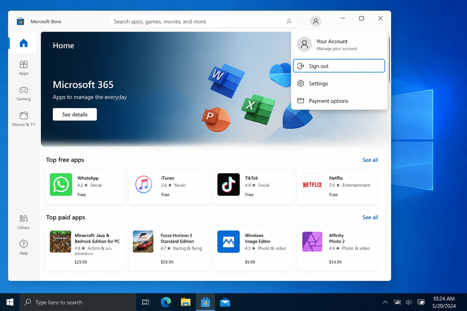 Microsoft Store with profile icon menu open showing Sign out option