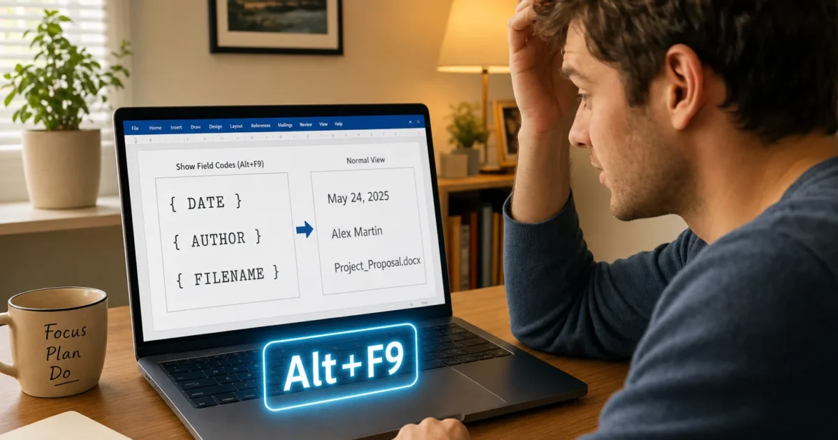 Man seated at a desk, looking stressed at a laptop showing a document template with fields {DATE}, {AUTHOR}, {FILENAME}; a glowing Alt+F9 shortcut label sits on the laptop.