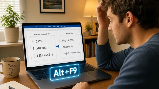 Man seated at a desk, looking stressed at a laptop showing a document template with fields {DATE}, {AUTHOR}, {FILENAME}; a glowing Alt+F9 shortcut label sits on the laptop.