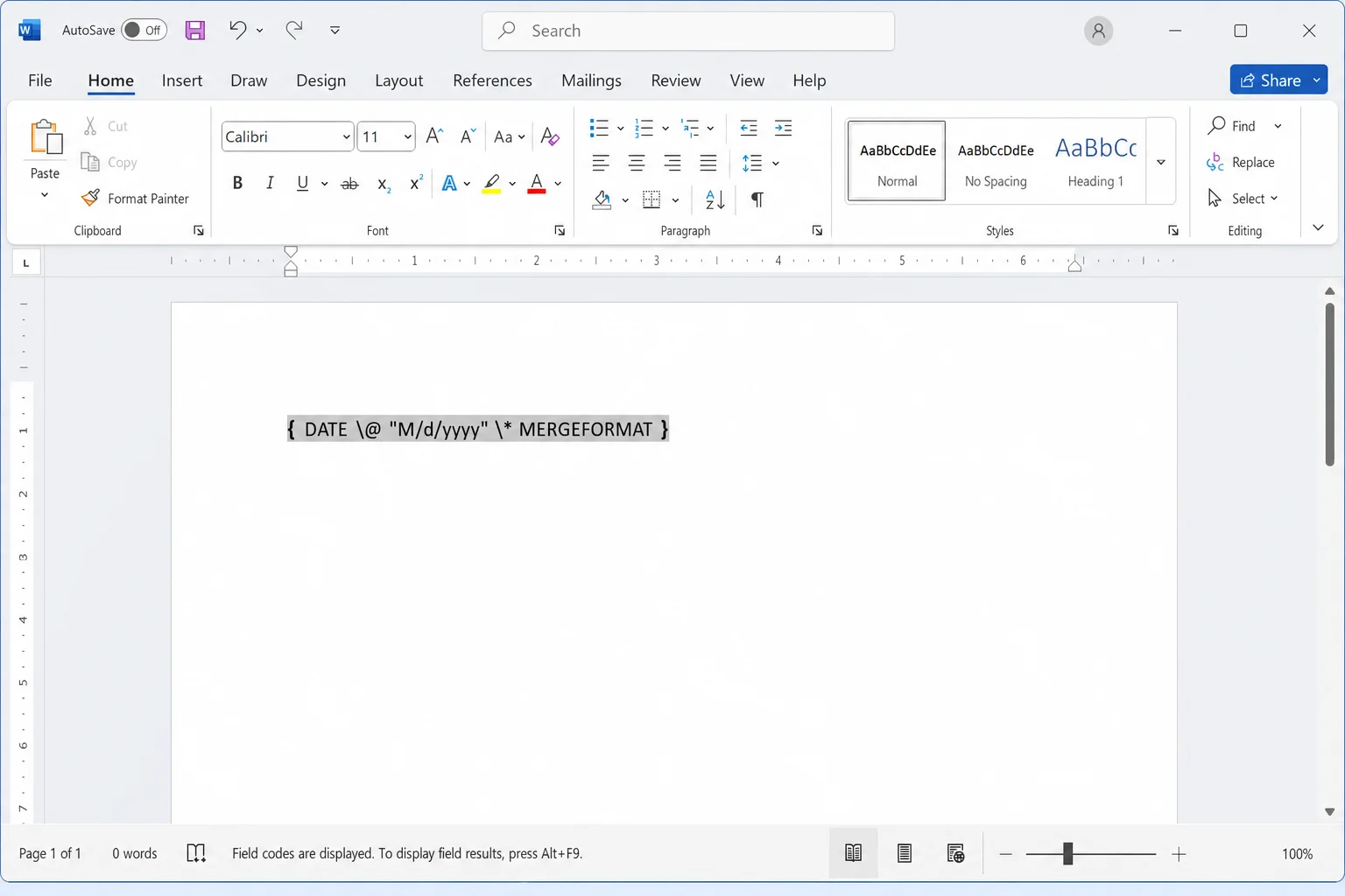 Microsoft 365 Word document showing a date field displaying as raw field code { DATE \@ "M/d/yyyy" \* MERGEFORMAT } before pressing Alt+F9