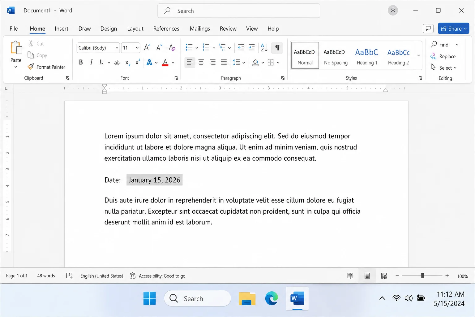 Same Word document after pressing Alt+F9, showing the field result (the actual formatted date) instead of the code