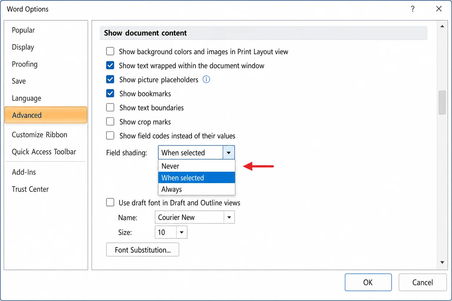 Word Options > Advanced > Show document content section with the Field shading dropdown open showing Never, When selected, and Always options