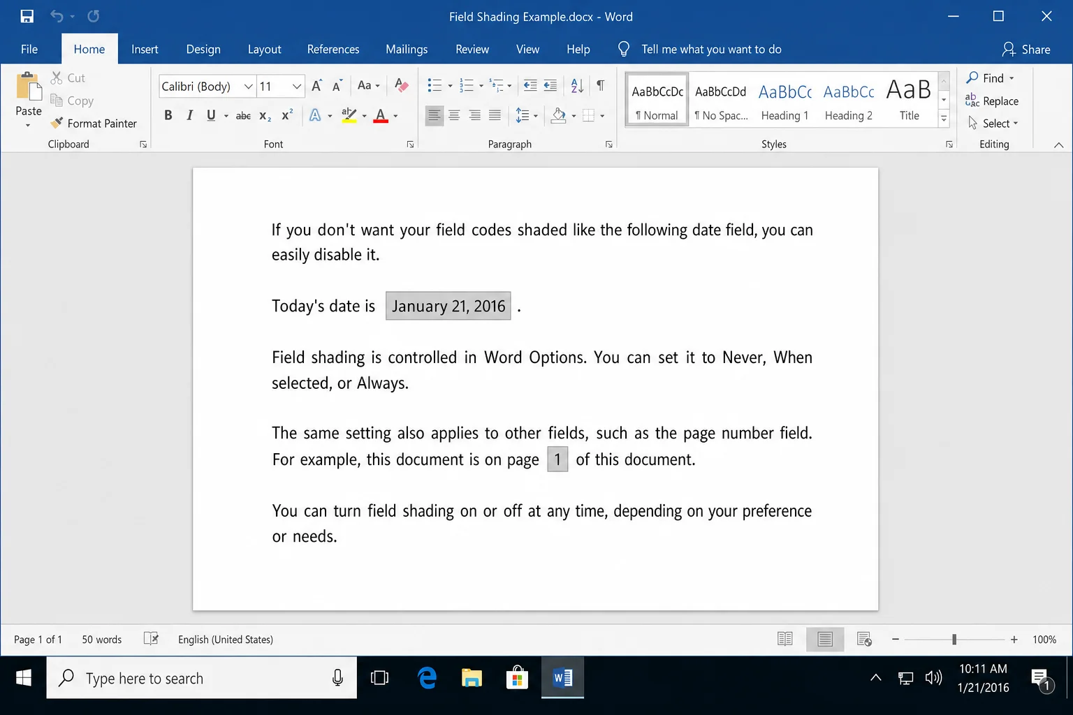 Word document with field shading set to Always, showing grey-highlighted fields for a date and page number against regular body text