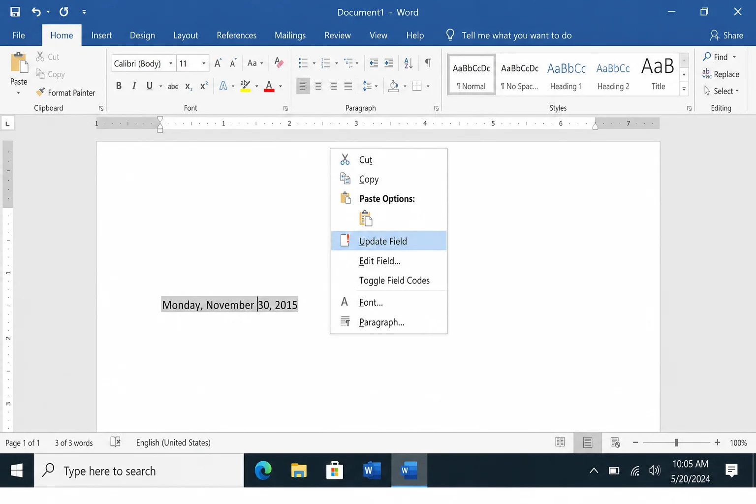 Word document with cursor inside a date field, showing the Update button appearing above the field
