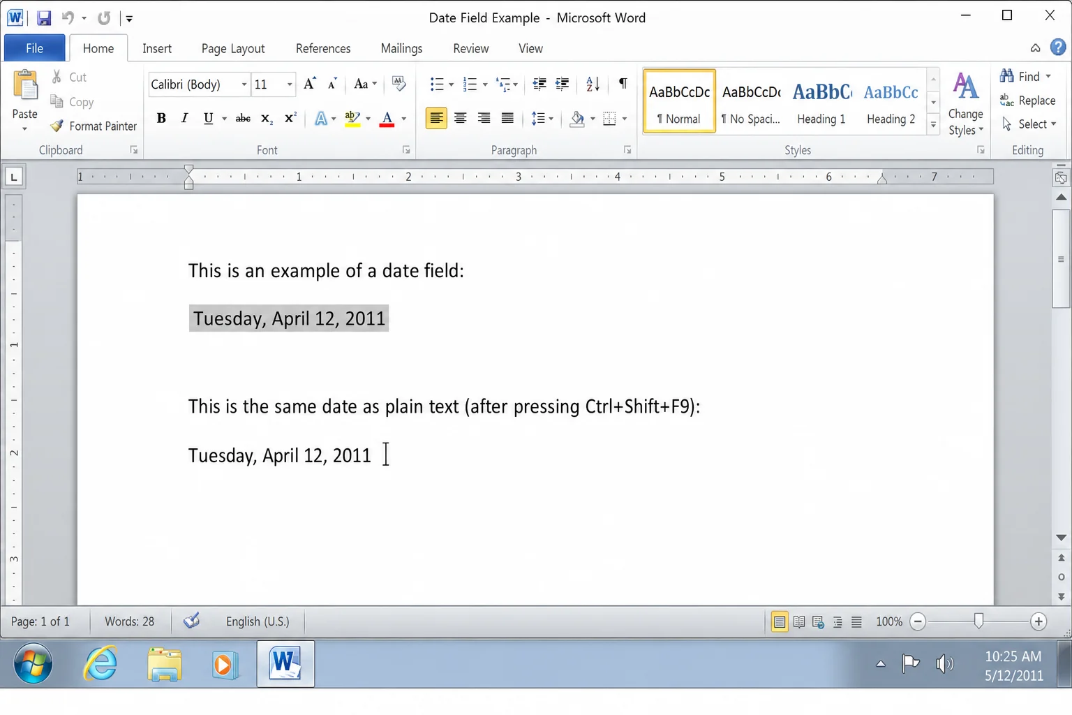 Word document showing a date field before and after pressing Ctrl+Shift+F9, with the result being static plain text with no grey field shading