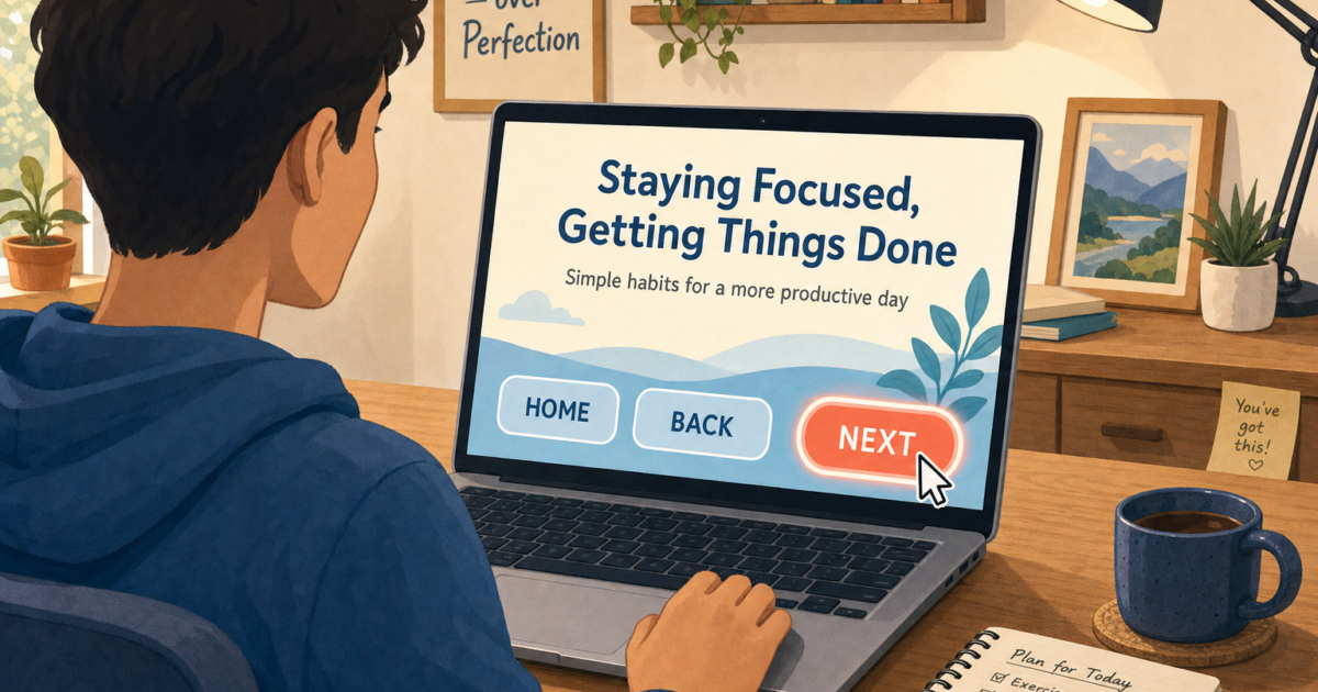 Person at a desk uses a laptop showing a productivity screen titled 'Staying Focused, Getting Things Done' with Home, Back, and a highlighted Next button.