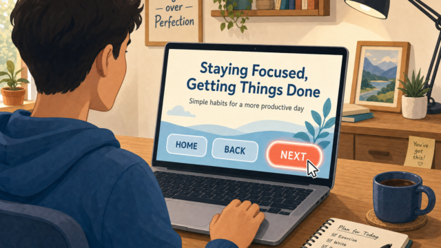 Person at a desk uses a laptop showing a productivity screen titled 'Staying Focused, Getting Things Done' with Home, Back, and a highlighted Next button.