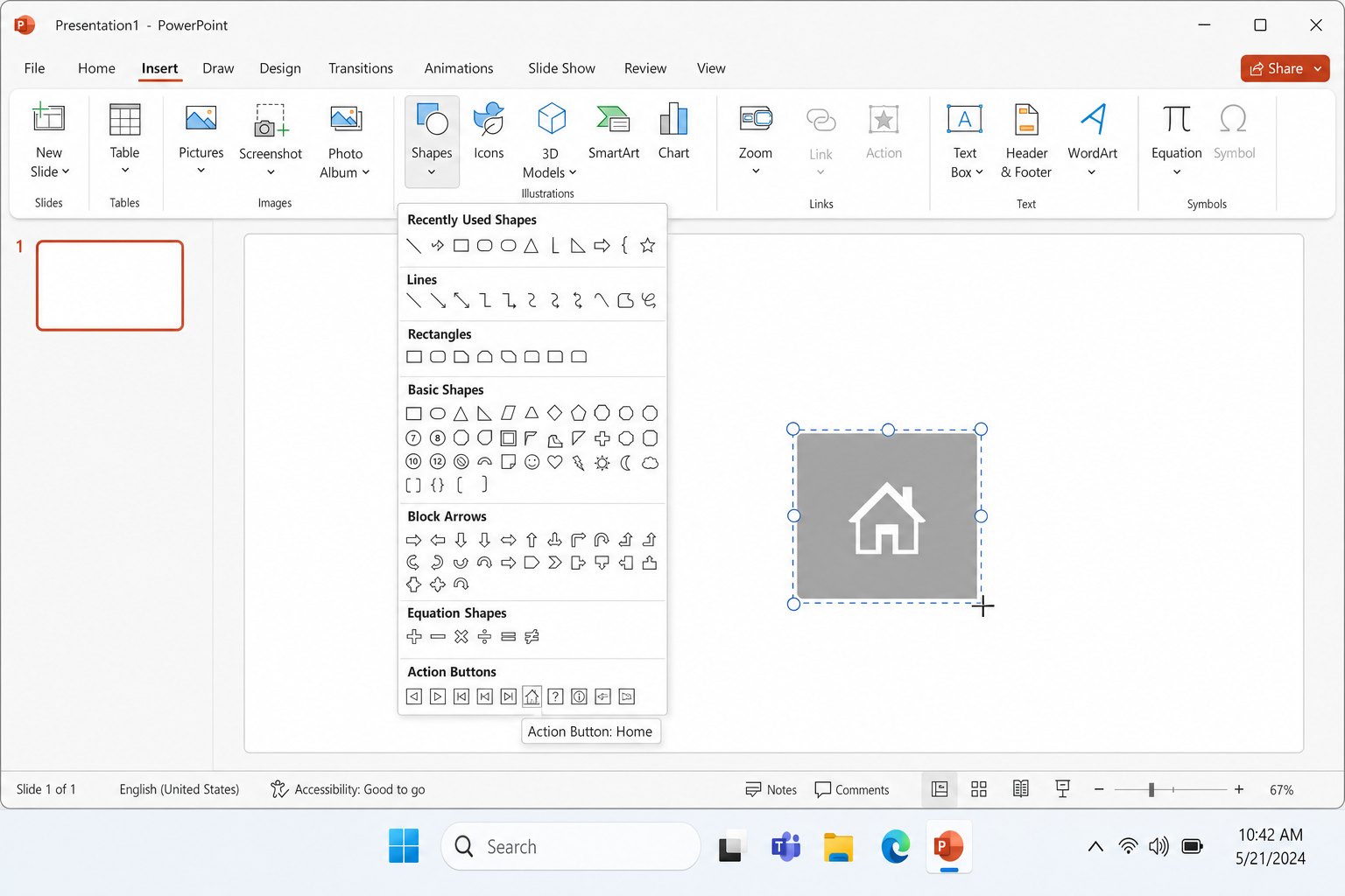 A Home action button being drawn on a PowerPoint slide, showing the crosshair cursor and the button shape in progress