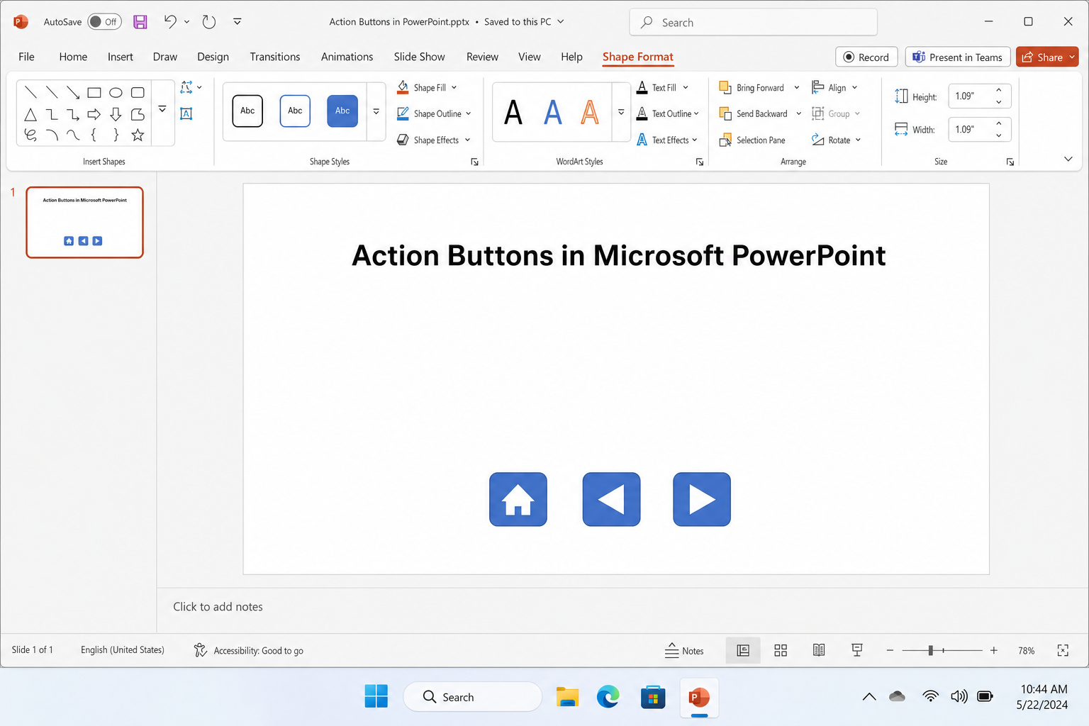 A PowerPoint slide showing three action buttons aligned at the bottom , Home (house icon), Previous (left arrow), and Next (right arrow) , with the Shape Format tab visible on the Ribbon