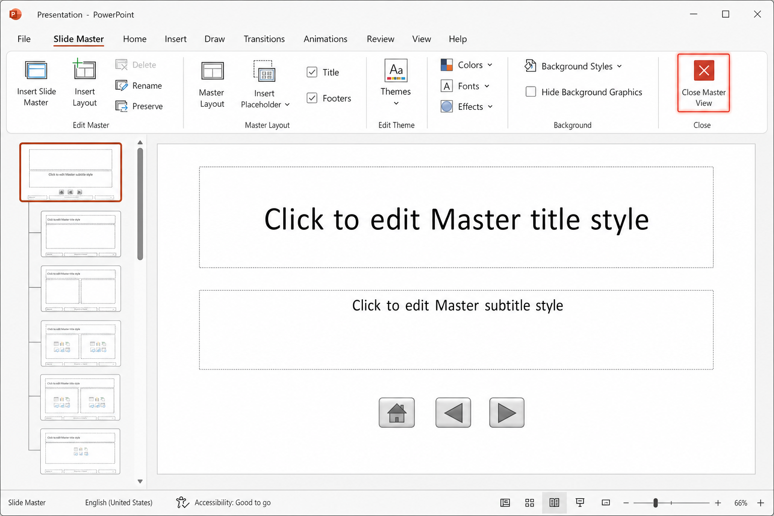 Slide Master view in PowerPoint with action buttons (Home, Previous, Next) placed at the bottom of the master slide, and the Close Master View button highlighted on the Ribbon
