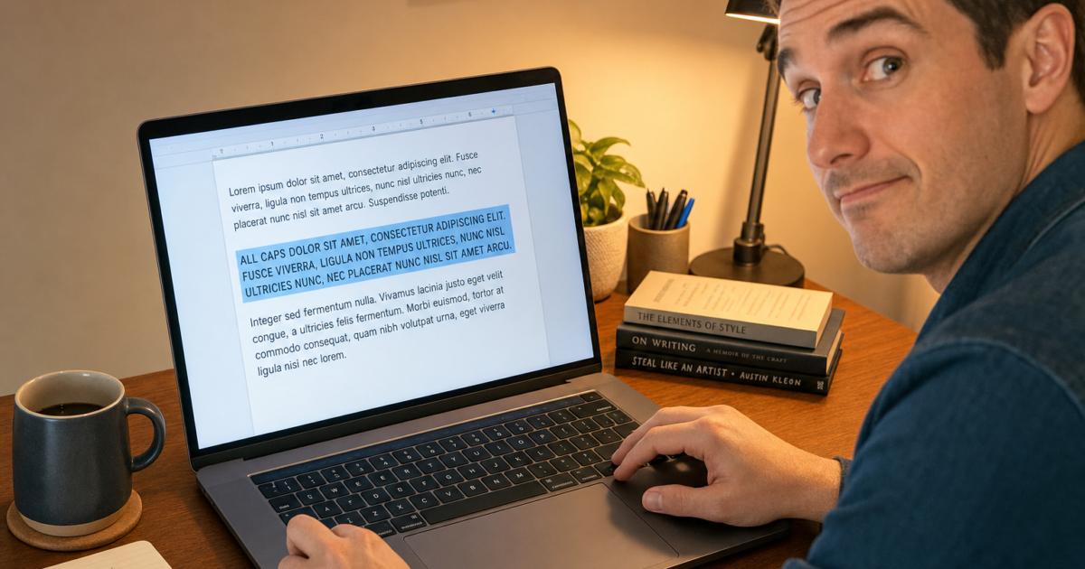 Man typing on a laptop at a wooden desk, editing a document on screen, with a coffee mug, plant, and books nearby.