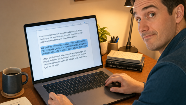 Man typing on a laptop at a wooden desk, editing a document on screen, with a coffee mug, plant, and books nearby.