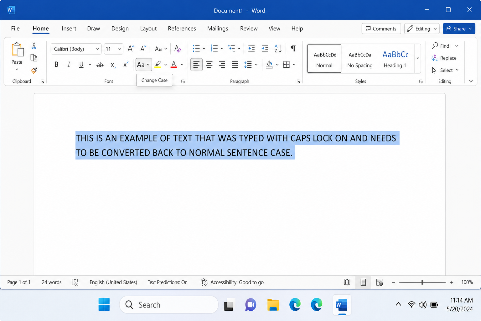 Microsoft Word document with a paragraph of all-caps text fully selected/highlighted