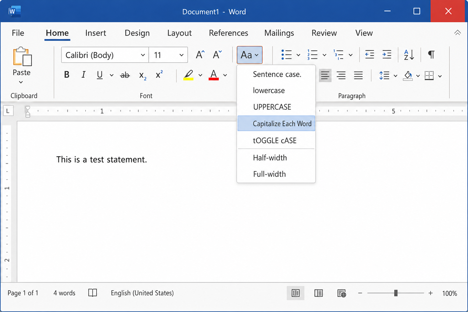 Word Home tab with the Change Case "Aa" button highlighted in the Font group, dropdown menu open showing all five case options