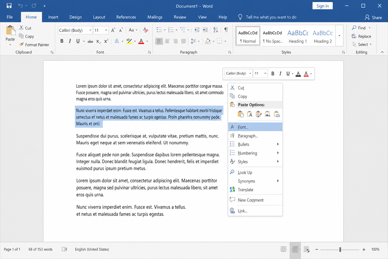 Word right-click context menu on selected text with "Font" option highlighted