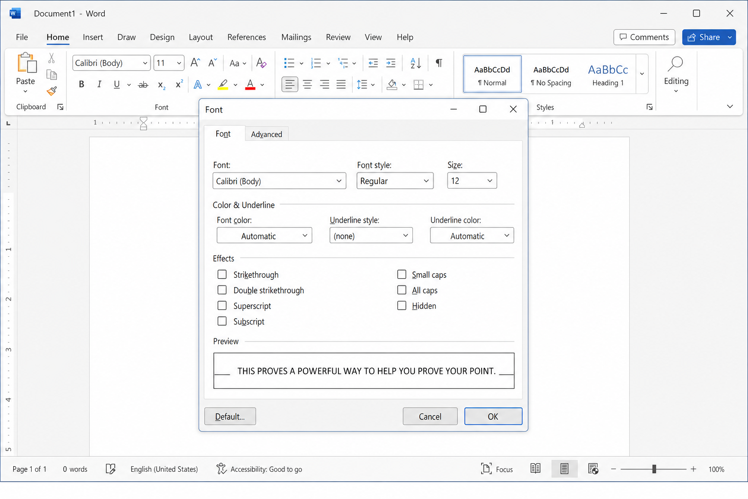Word Font dialog box with the "All caps" checkbox unchecked under the Effects section, OK button visible