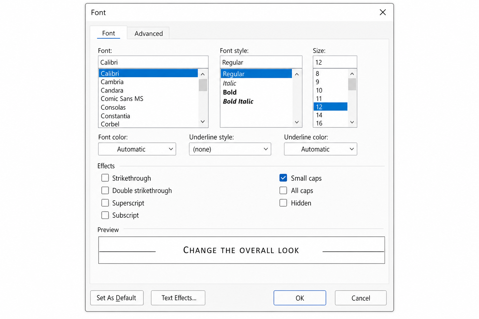 Word Font dialog box with the "Small caps" checkbox checked under Effects, showing a preview of small caps text at the bottom