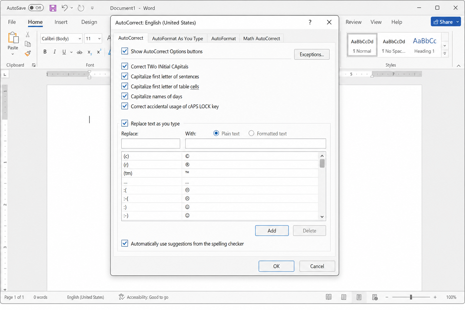 Word AutoCorrect Options dialog showing the AutoCorrect tab with capitalization checkboxes, including "Capitalize first letter of sentences"