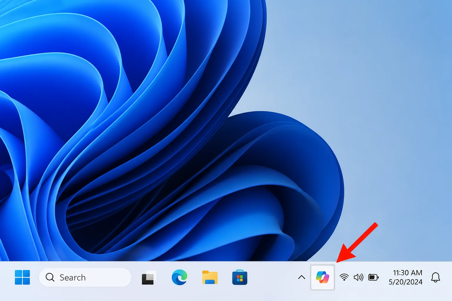 Close-up of the Windows 11 taskbar showing the AI agent icon in position, with an arrow highlighting the icon