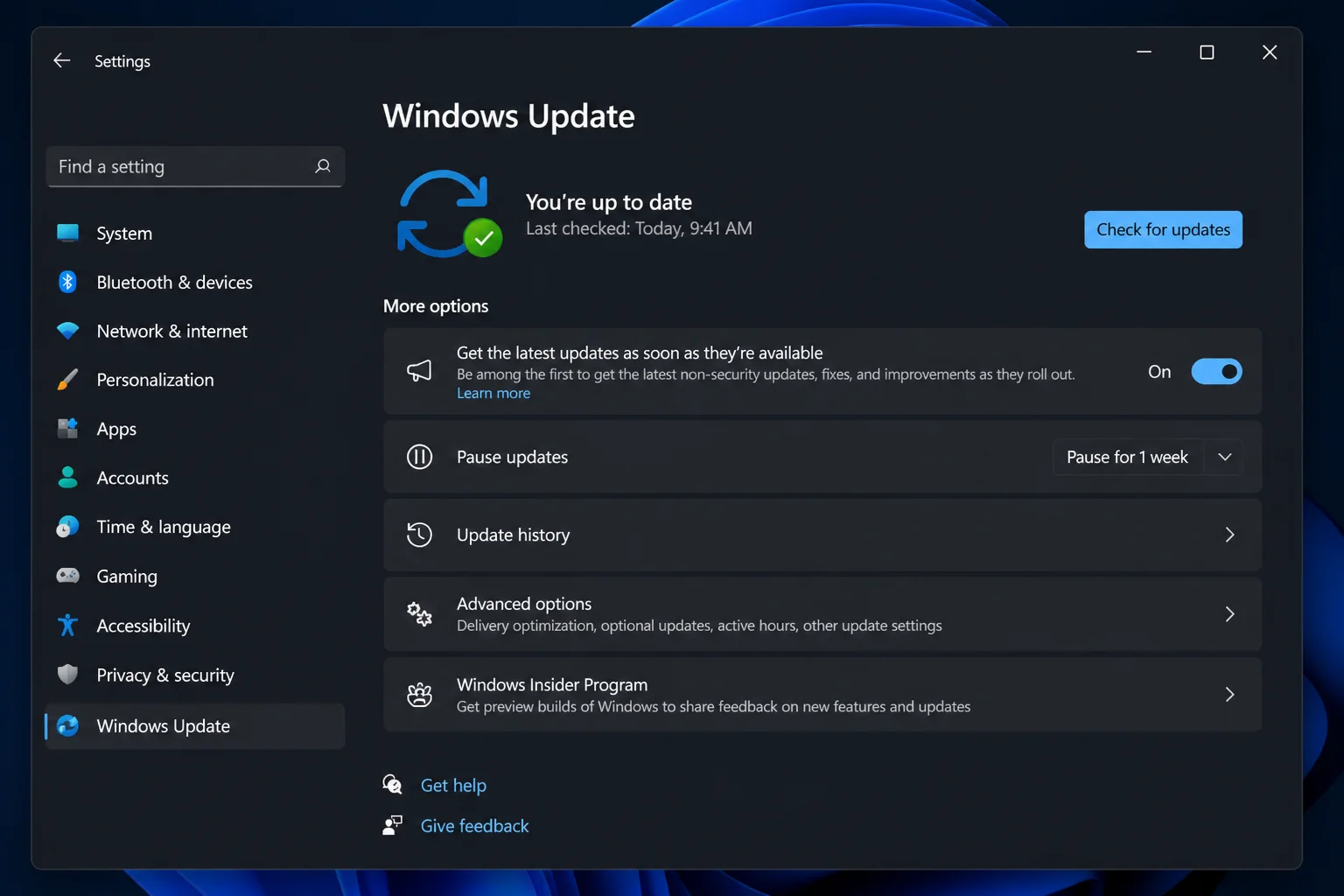 Windows Update settings panel with the Check for updates button visible