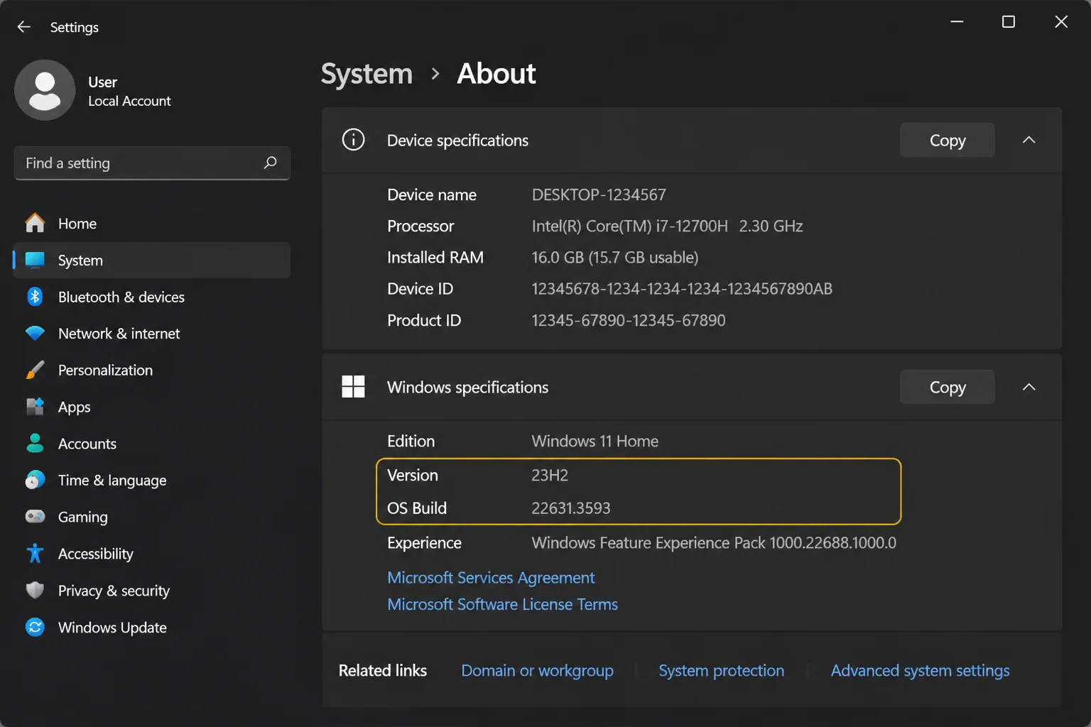Settings/> System > About page showing Windows specifications, with the Version and OS Build fields highlighted”/></figure>



<h3 class=