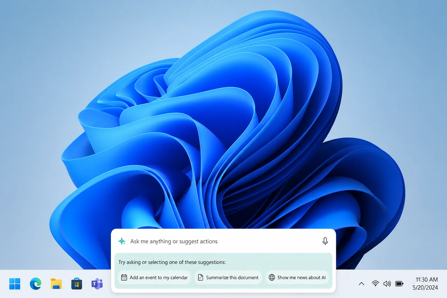 Windows Search box open, showing an AI agent prompt or suggestion inside the search panel
