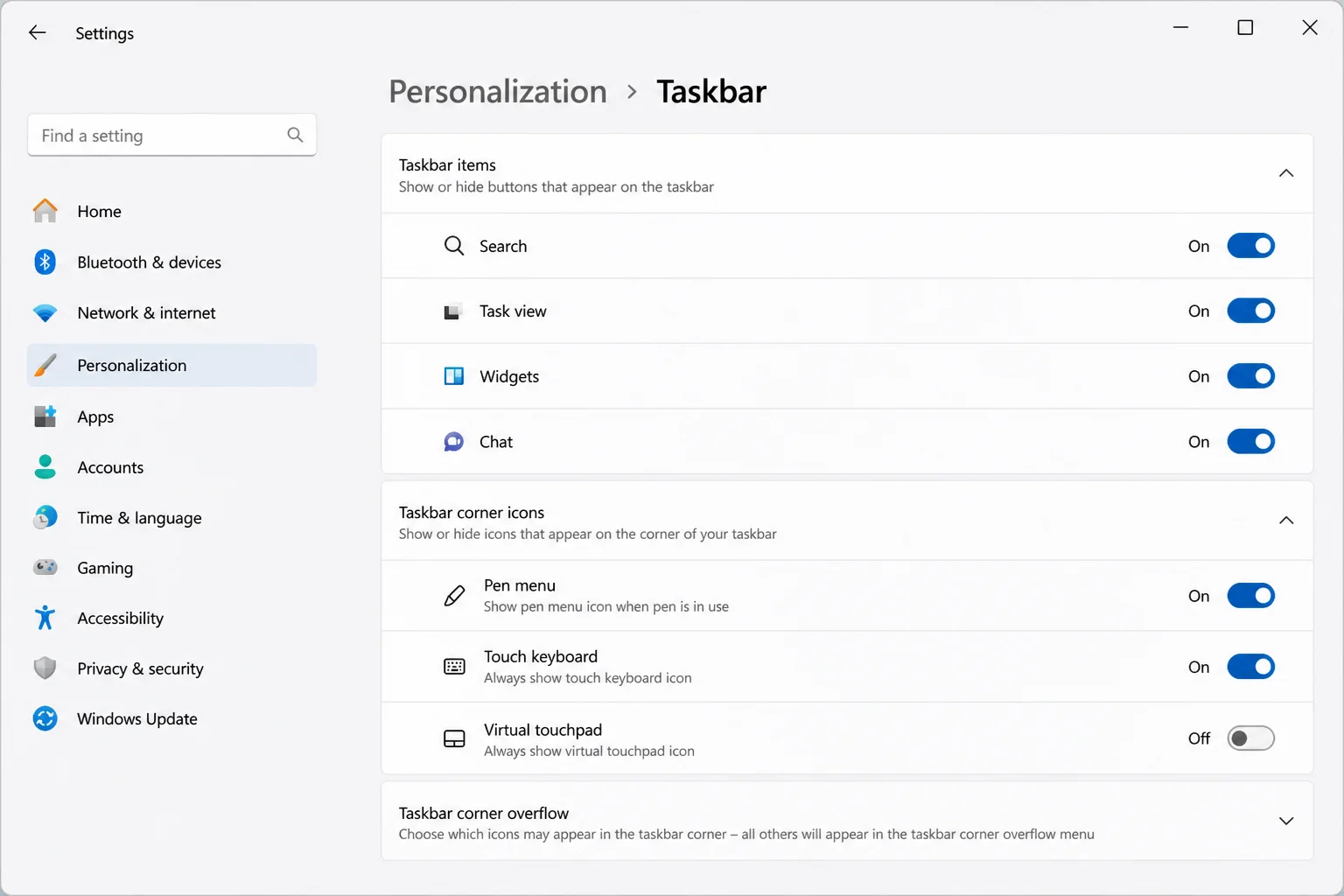 Settings/> Personalization > Taskbar panel showing the Taskbar items section”/></figure>



<h3 class=
