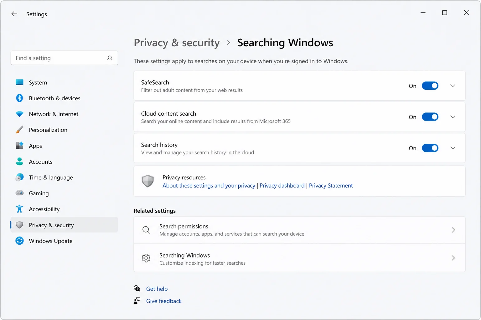 Settings/> Privacy & Security > Search Permissions panel showing search-related options”/></figure>



<h3 class=