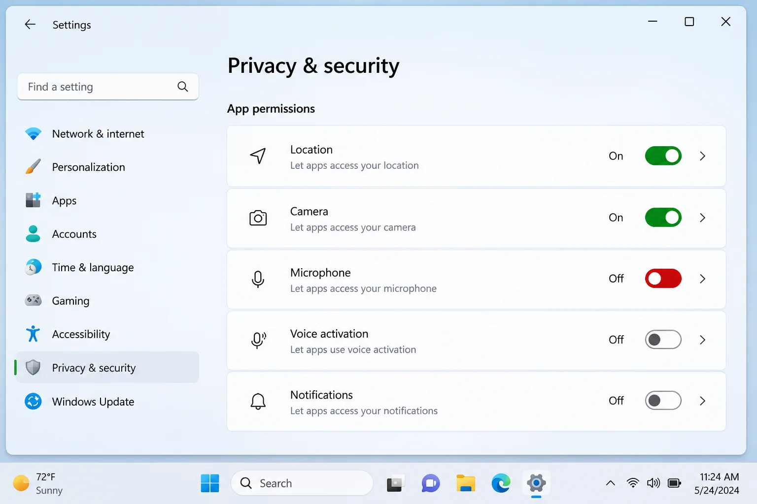 Settings/> Privacy & Security main panel showing the App permissions section”/></figure>



<h2 class=