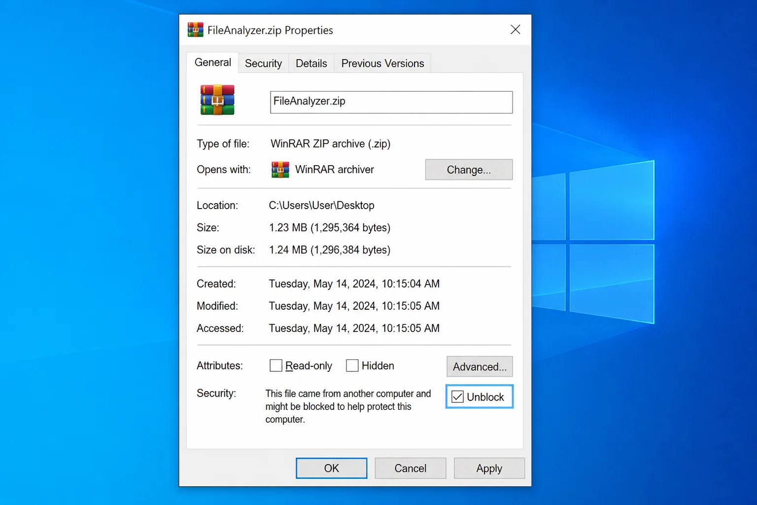 Downloaded ZIP Properties General tab showing the Security message and Unblock checkbox highlighted