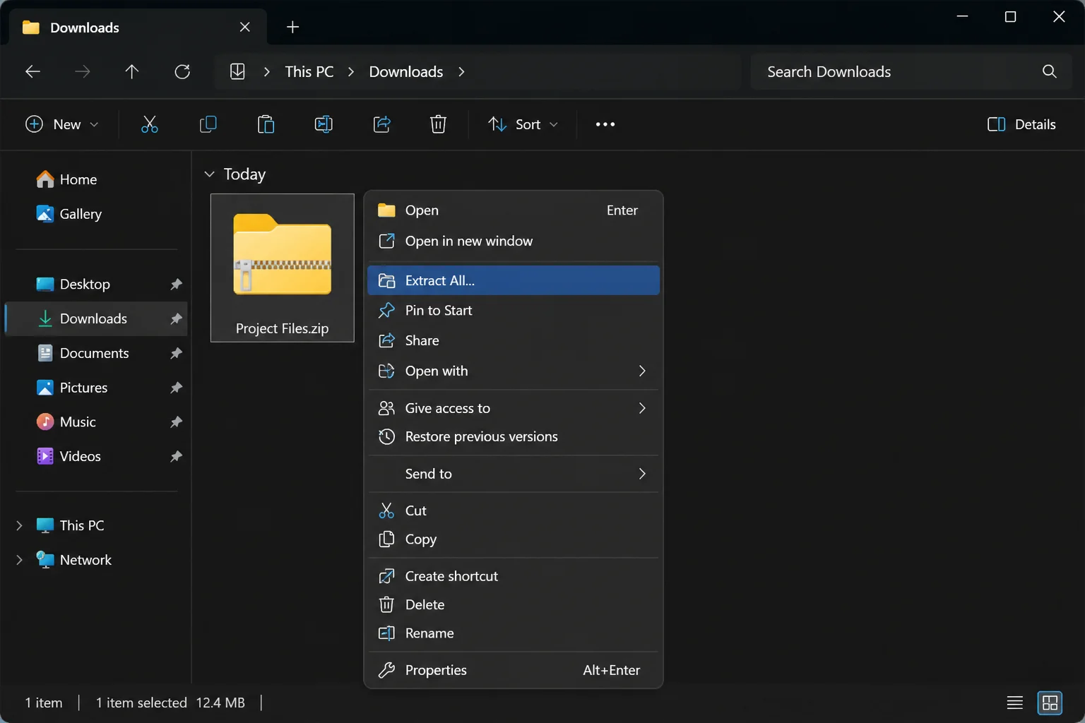 Windows 11 File Explorer context menu on a ZIP file with Extract All highlighted