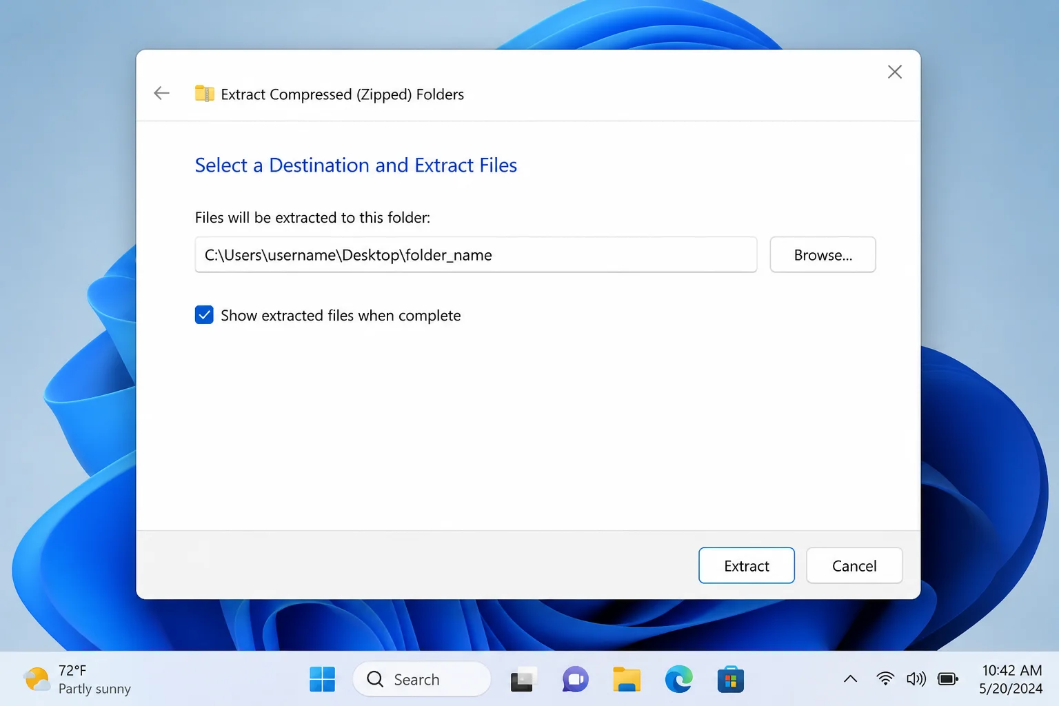 Extract Compressed (Zipped) Folders dialog with destination field, Browse button, Show extracted files when complete checkbox, and Extract button highlighted