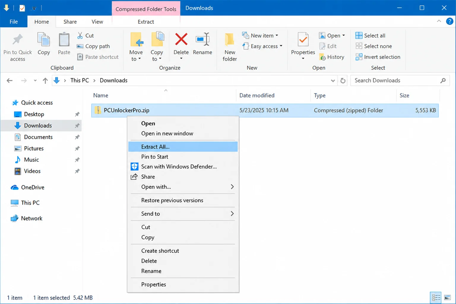 Windows 10 File Explorer classic context menu on a ZIP file with Extract All highlighted