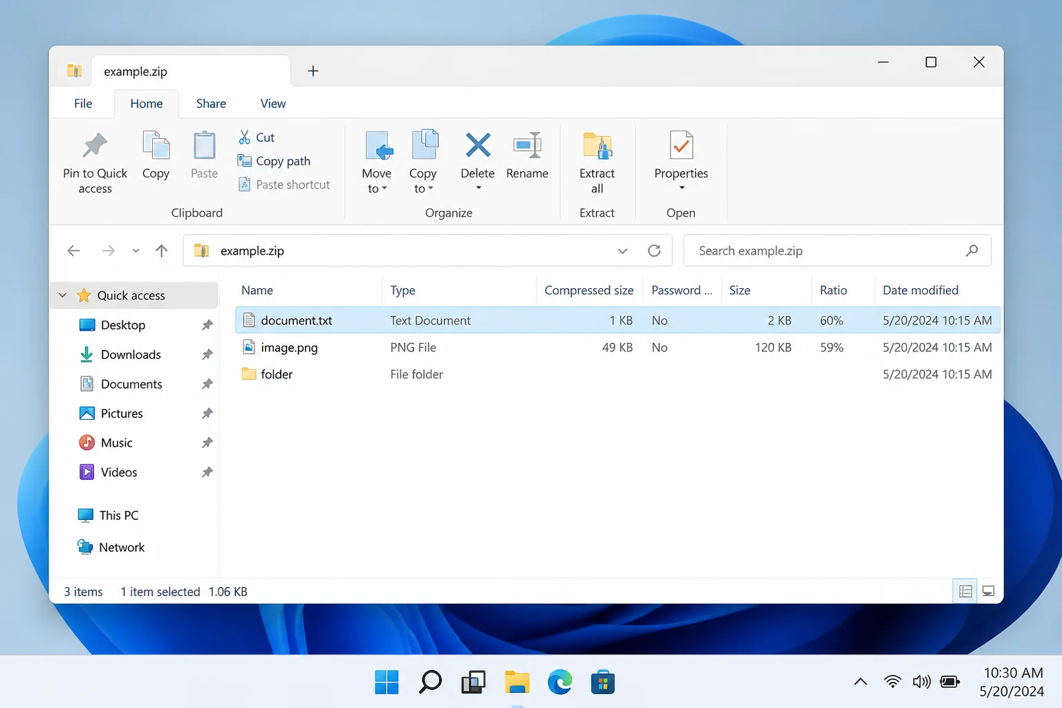 File Explorer displaying a ZIP archive in browse mode with one file selected for copying