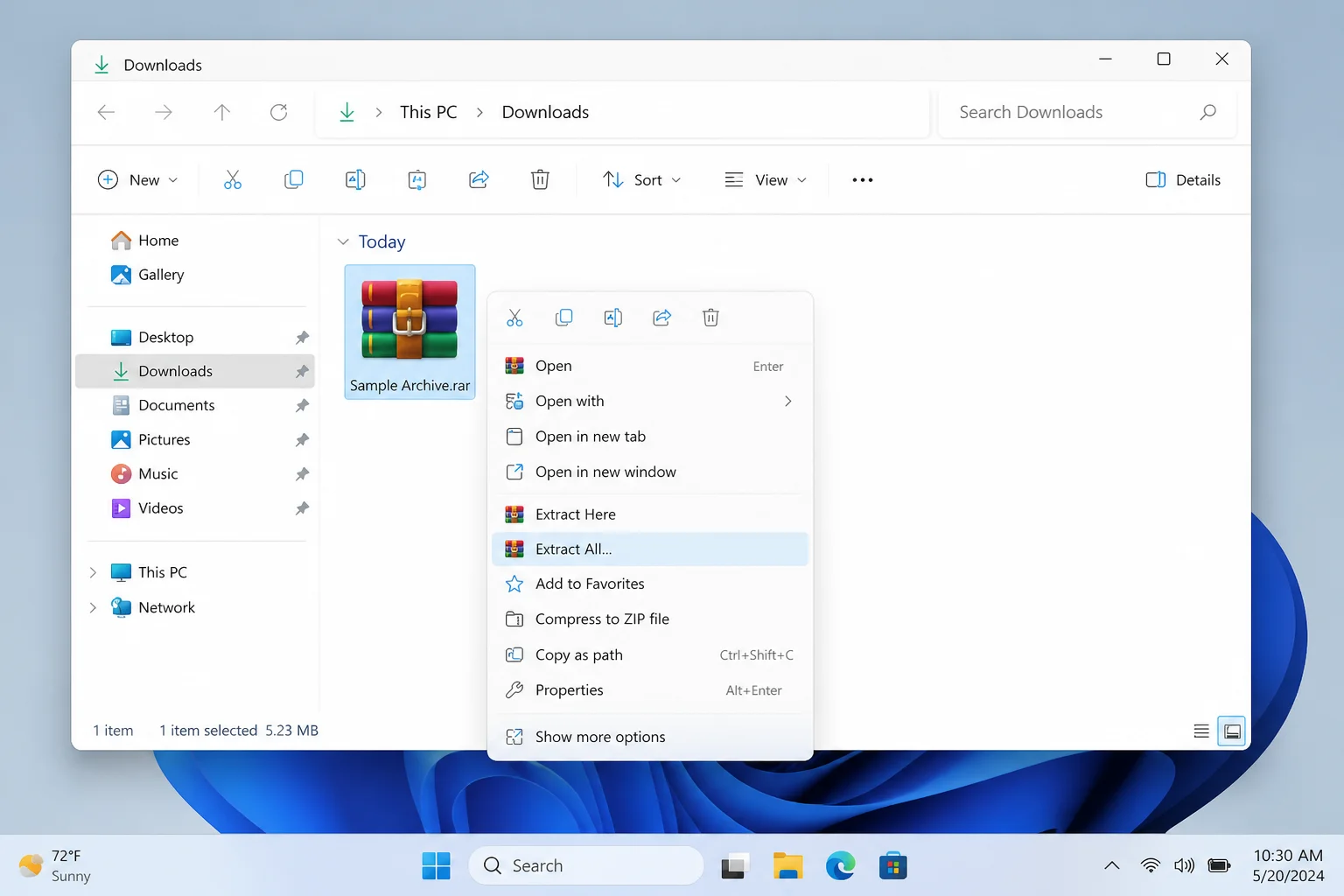 Updated Windows 11 context menu on a RAR or 7z archive with the format and native Extract All command highlighted