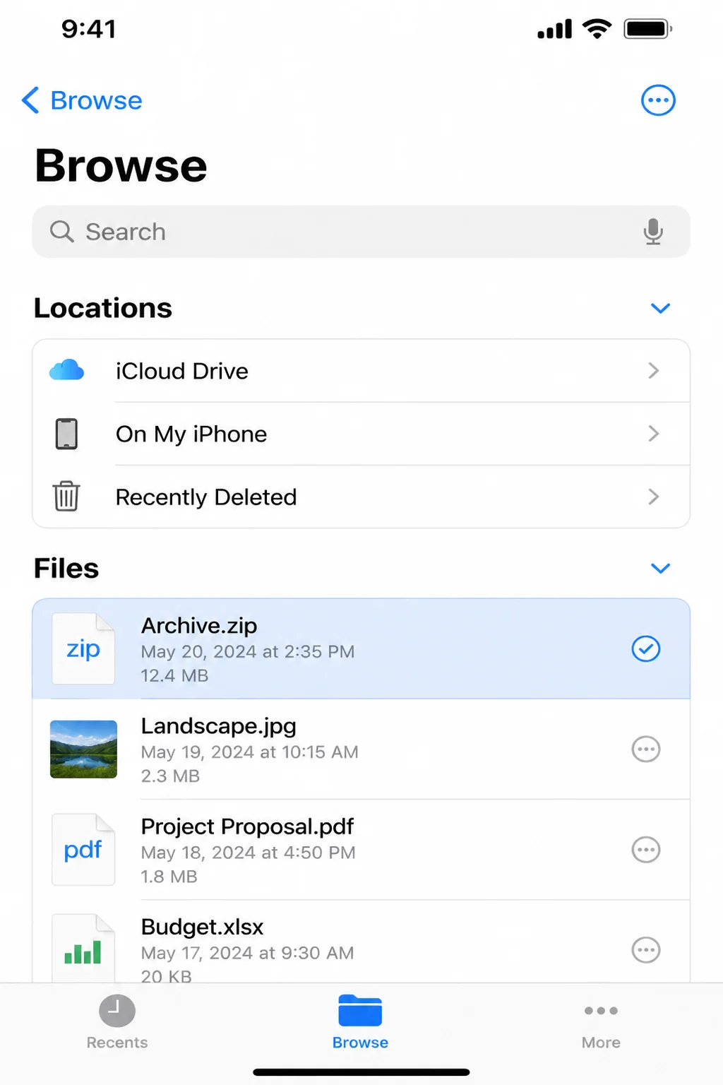 iOS Files app Browse screen showing a ZIP archive stored in Downloads