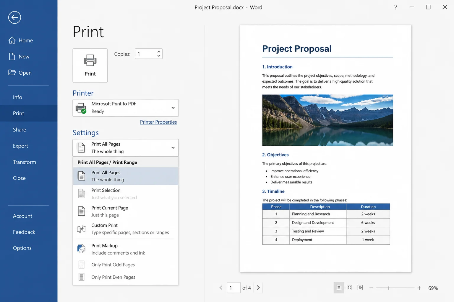 Word for Windows Backstage Print pane showing the document preview on the right and print Settings on the left, with the "Print All Pages" dropdown visible