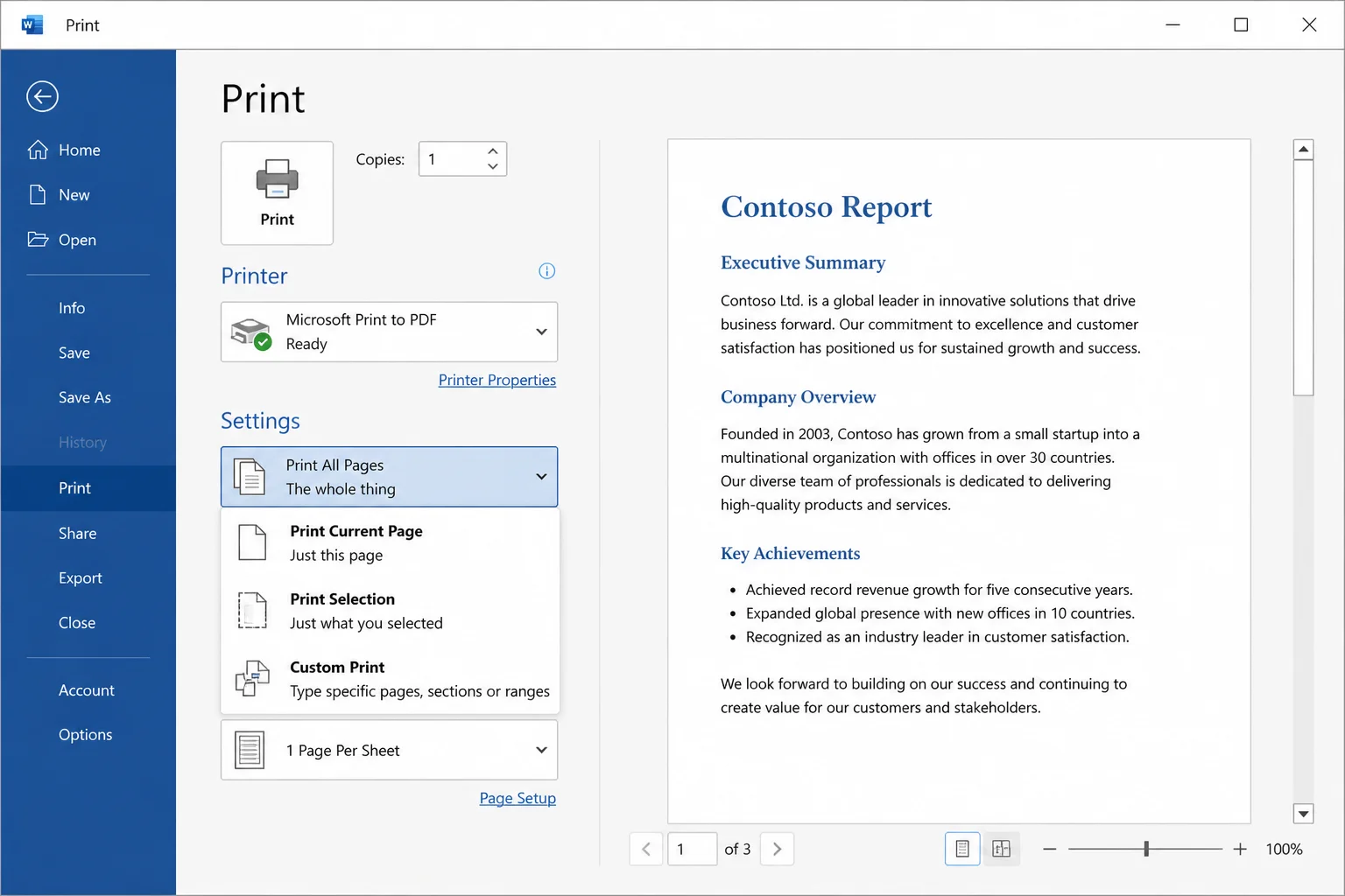 Word for Windows Print pane with the "Print All Pages" dropdown open, showing Print Current Page, Print Selection, and Custom Print options