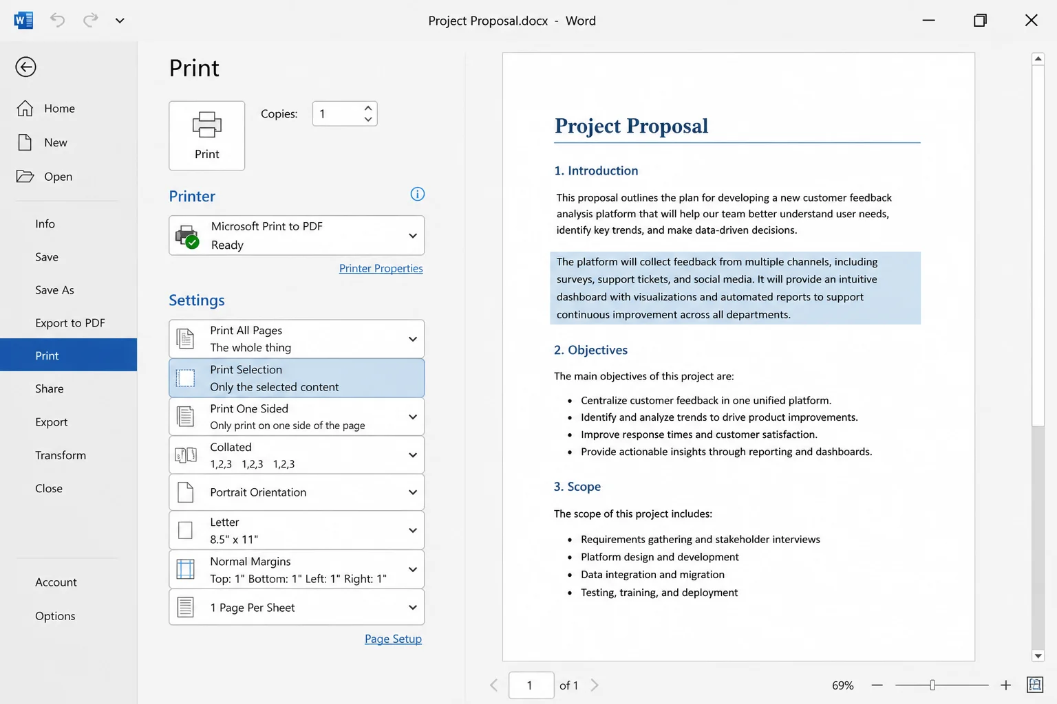 Word for Windows Print pane with a paragraph of text highlighted in the background and Print Selection chosen in the settings dropdown