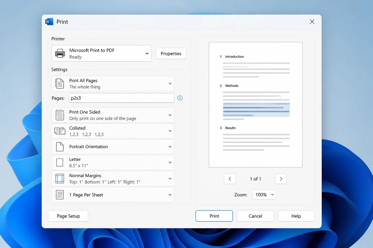 Word for Windows Custom Print field with section-aware syntax "p2s3" typed into the Pages box