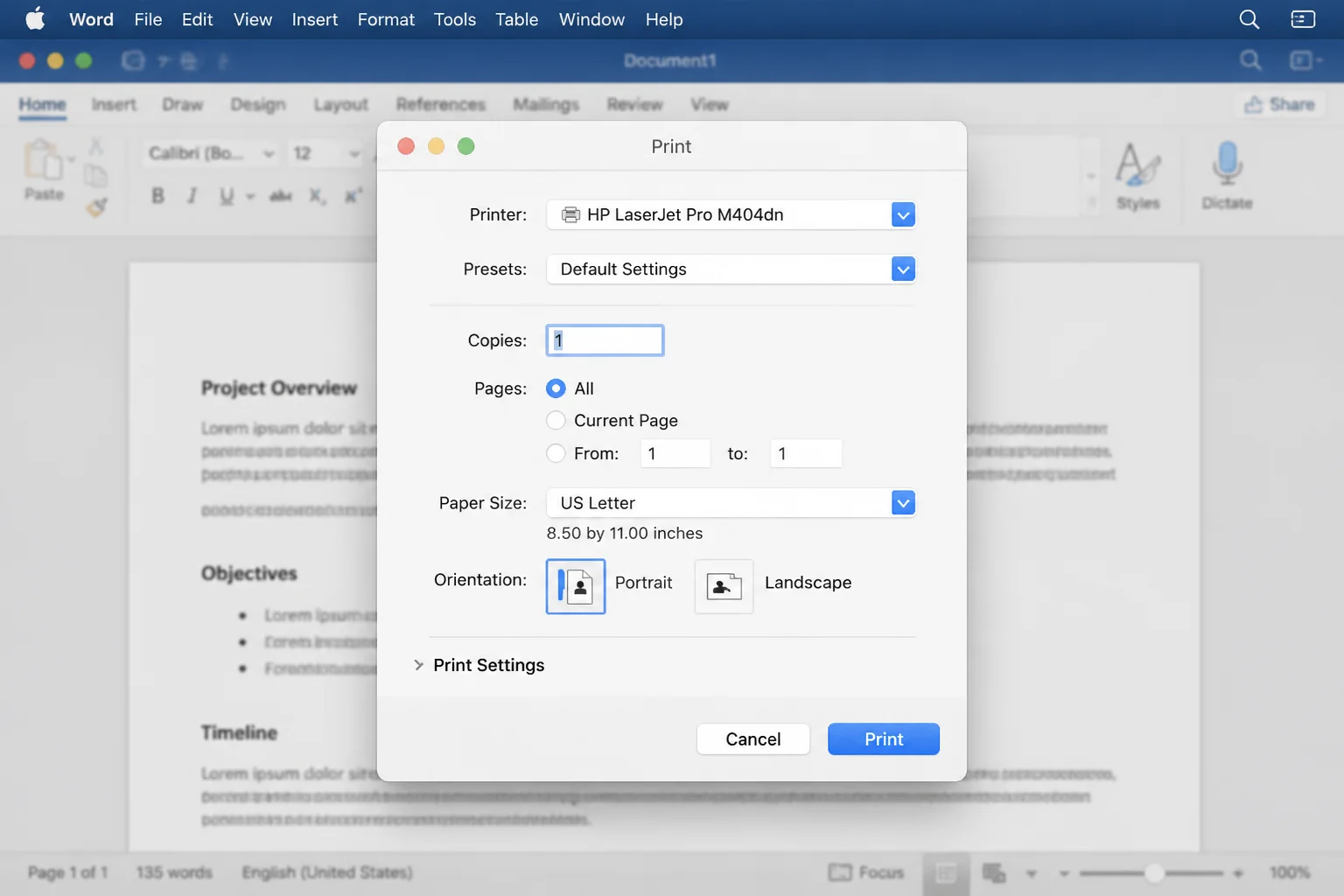 macOS native print sheet opened from Word for Mac, showing printer selection and the collapsed print settings panel