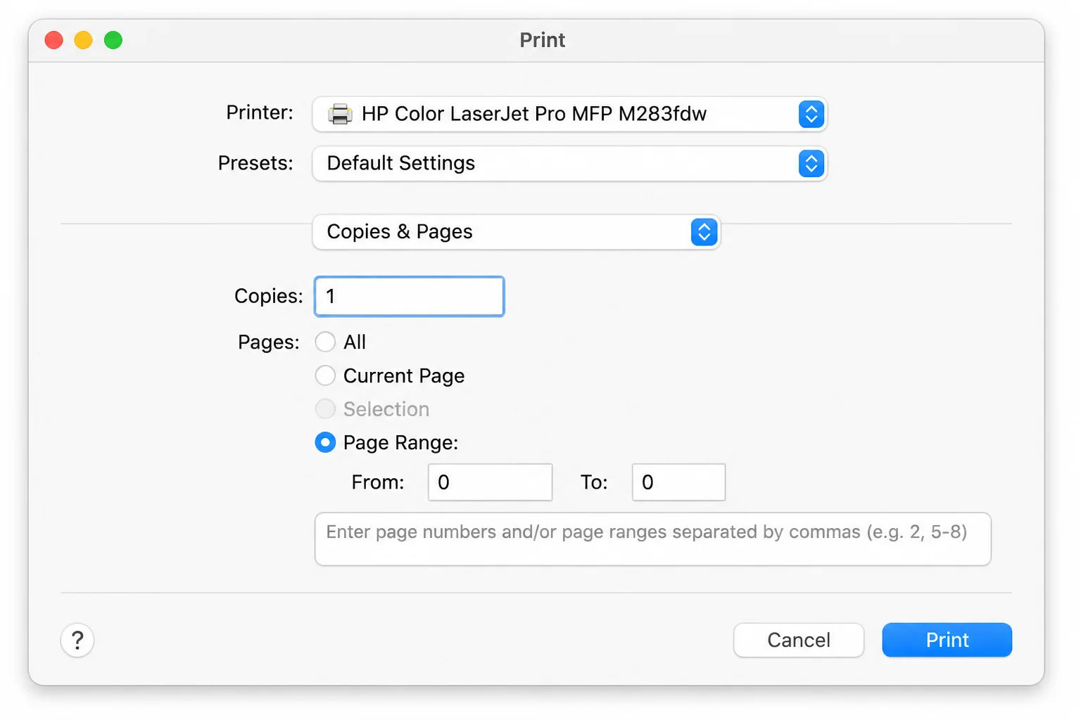 Word for Mac's expanded print sheet with the Word page-range panel visible, showing Pages From/To fields or a Page Range text box